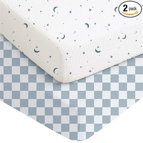 Konssy 2 Pack Muslin Crib Sheets for Baby Boys & Girls, 52" x 28" | Fits Standard Crib Mattress, 100% Cotton, Soft & Breathable, Neutral Design, 360° Full Elastic Fit (Dreamfiel Sky,Blue Plaid)