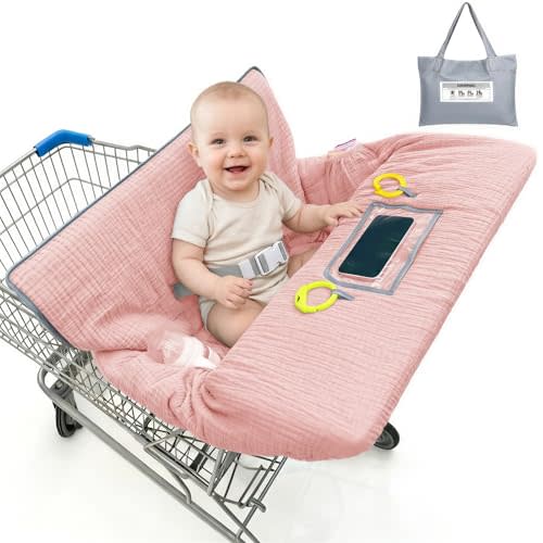Muslin Shopping Cart Cover for Baby Soft Breathable Full Coverage | 360° Protection, 3-Layer Comfort, Phone Pocket, Machine Wash, Portable Storage Bag for Grocery Carts, Restaurant High Chairs
