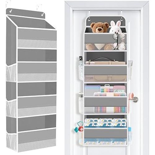 SpaceWhisper Over the Door Organizer, 4 Large Pocket Hanging Storage Organizer with 40lb Capacity, Space Saving for Nursery, Bathroom, Bedroom, Closet - Baby Essentials & Toiletry Organizer (Grey)