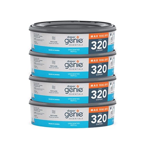 Diaper Genie Essentials Round Refill Pack of 4 | Holds Up to 1280 Newborn Diapers | Features Unscented Continuous Film | Compatible with Diaper Genie Complete and Expressions Pails