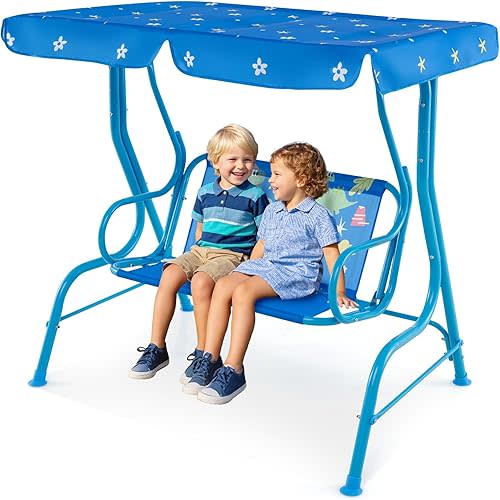 Costzon Kids Porch Swing, All-Weather Patio Swing Bench Hammock w/Adjustable Canopy & Safety Belts for 2 Children, Outdoor Swing for Backyard Garden Balcony Poolside (Blue, Dinosaur)
