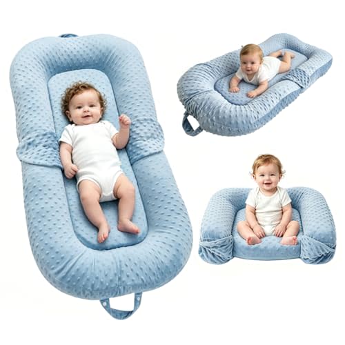 Baby Lounger for Newborn,0-12 Months,Foldable Soft Infant Lounger Pillow for Home and Travel, Baby Nest Lounger with Cover,Multi-Use Portable Baby Lounger for Supervised Play&Tummy Time,Blue
