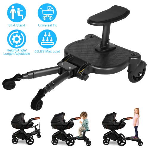 Universal 2-in-1 Stroller Board with Detachable Seat – Black, 55 lbs Capacity, Adjustable Connectors, 360 ° Rotating Wheels for Toddlers 3-7 Years, Ideal for Shopping