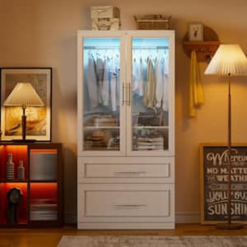 White 31.5 in. W Armoire Wardrobe Closets with Glass Doors and Drawers, Motion Sensor Closet Lights, Freestanding Closet