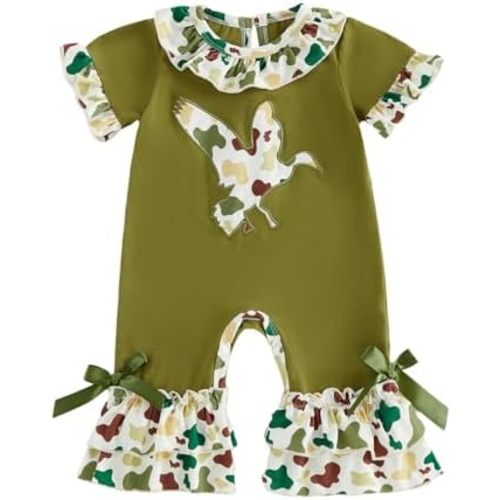 Newborn Baby Girl Summer Clothes Hunting Ruffle Short Sleeve Romper Bell Bottoms Flared Jumpsuit Outfit