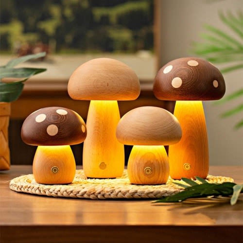Handcrafted Wooden Mushroom Lamp, Rechargeable Dimmable Bedside Night Light