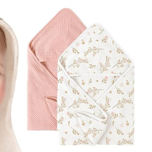 Konssy 2-Pack Muslin Hooded Baby Towels, 100% Cotton, Ultra-Soft & Absorbent Baby Bath Towels with Hood for Newborn & Infant (Pink, Floral,30" x 30")