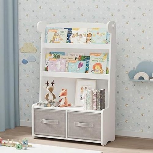 WISUCART Kids Bookshelf and Toy Storage Organizer, 3 Tier Bamboo Todders Book Shelf Large Book Rack for Child Room Playroom Nursery for Kids, Children, Toddlers (White)