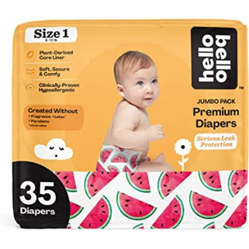 Hello Bello Premium Baby Diapers Size 1 I 35 Count of Disposable (Pack of 1), Extra-Absorbent, Hypoallergenic, and Eco-Friendly Baby Diapers with Snug and Comfort Fit I Watermelon
