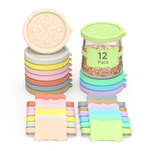 Sophico Oui Yogurt Jar Lids Silicone, 12 Pack Leak Proof Covers Fit For 5oz Oui Glass Jar with Silicone Reusable Bottle Labels, Airtight, Dishwasher Safe & BPA Free (Container Not Included)