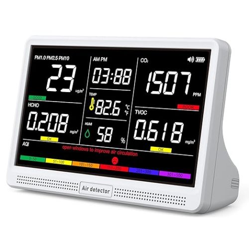 Upgrade Extended 12-Hour Battery Life 16 in 1 Air Quality Monitor Indoor with 7" Display, Professional Air Quality Meter for CO2, TVOC, PM2.5, PM1.0, PM10, HCHO, Temperature, Humidity, AQI & Time