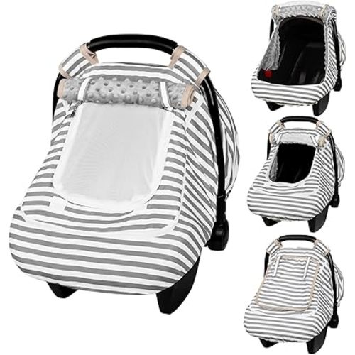 Car Seat Cover Baby,Winter Car Seat Covers for Boys Girls,Grey Infant Car Seat,Lined with Minky Dots Fabri, Double-Layer Windows,Breathable Mesh, Keeps Babies Warm and Cozy