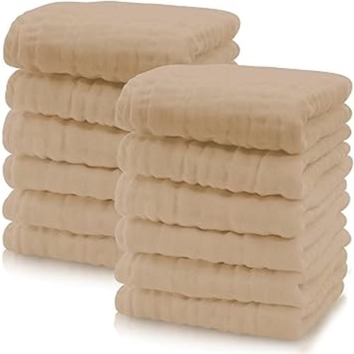 Cute Castle 12 Pack Muslin Baby Washcloths - Large 12'' by 12'' - Ultra Soft 100% Cotton - Super Absorbent Burp Cloths for Unisex, Boy, Girl -Brown