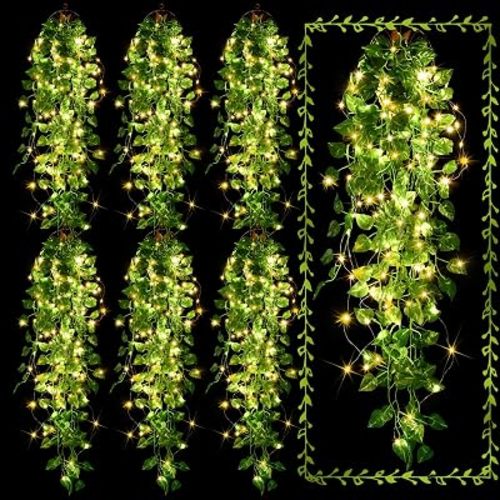 Mudder Fake Ivy Vines with Lights, LED Artificial Hanging Green Leaves Vines for Outdoors Patio Porch Decor (Basket Not Included) (Greenery Style, 6 Packs)