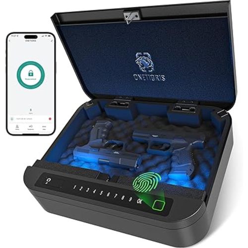Gun Safe for Handgun - ≤0.1s Quick Access Biometric Handgun Safe for Pistols, 4-Ways Unlock APP/Fingerprint/Numeric Code/Key, Gun Lock Box for Nightstand Bedside Home Car - Aluminum Alloy