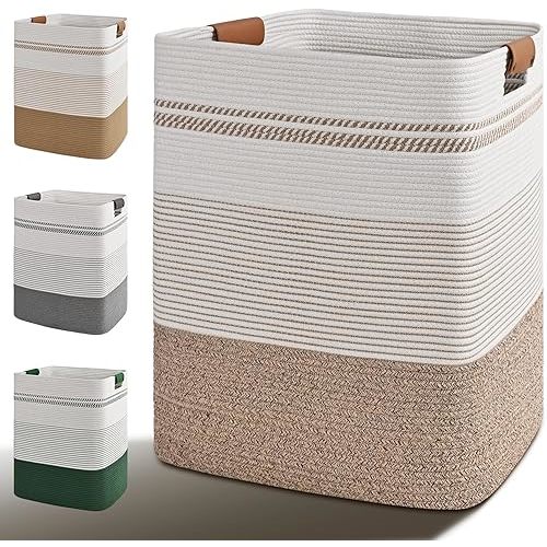 Laundry Hamper, 85L Tall Laundry Basket with Leather Handles, Rectangle Large Clothes Hamper for Organizing, Cotton Woven Laundry Baskets Storage Hampers for Bedroom, Nursery, Living Room