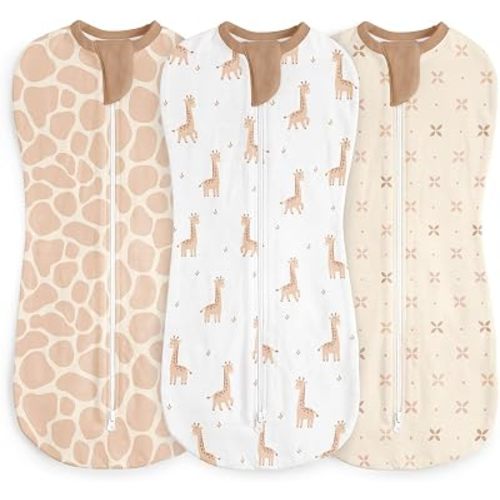 Baby Swaddle 0-2 Months, 3-Pack Cotton Arm-In Zipper Sleep Sack, Wearable Blanket Wrap (Giraffe, Giraffe Skin, Love Pattern)