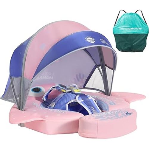 Mambobaby Float with Canopy and Tail New Upgraded Non-Inflatable Baby Pool Float Mambo Float Swim Trainer Solid Infant Swim Float Adjustable Pearl Foam Baby Swim Ring