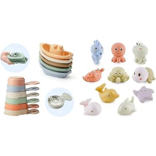 Bath Toys Floating Boats with Bathing Spoon11PC S and 10PCS Bath Squirt Toys Silicone Ocean Animals Bathtub Float Toy