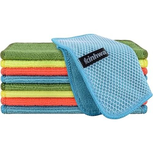 KinHwa Kitchen Washcloths for Dishes Absorbent Microfiber Dish Cloths Quick Dry Dish Rags with Poly Scour Scrub Side Ideal for Kitchen Cleaning (Mixing Colors #1, 7inchx7inch 9 Pack)