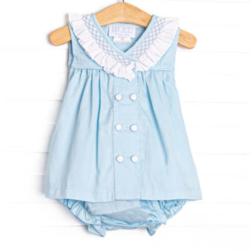 Bleu: Collins Smocked Diaper Set, Blue Pique – Stitchy Fish, 9m