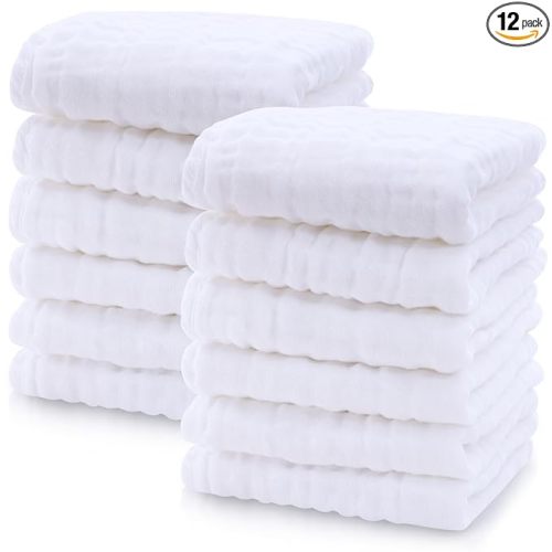 Cute Castle 12 Pack Muslin Baby Washcloths - Large 12'' by 12'' - Ultra Soft 100% Cotton - Super Absorbent Burp Cloths for Unisex, Boy, Girl -White