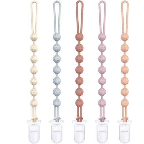 Cuddle Campus Silicone Pacifier Clip Holder with One Piece Design,Soft Flexible Binky Clips with Texture for Baby Boy and Girl Pack of 5 Plastic Clip (0-6m)