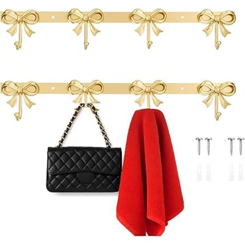 2 Pack Gold Bow Hooks Coat Rack Wall Mounted Metal 4 Hooks Coquette Bowknot Wall Hanger Nursery Bedroom Bathroom Living Room Kitchen Home Decor for Hanging Coats Hat Towels Purse Bag Keys