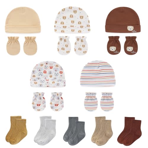 falianni Baby Boy Girl Cotton Hat Mitten Sock Set 15 Pack Infant Essential Accessories for 0-6 Months