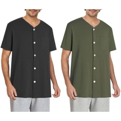Esenchel Men's Button Up Pajama Shirt Cotton Sleep Top 2 Pack