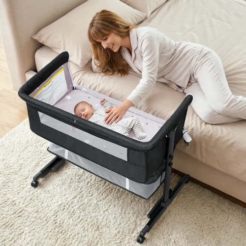 kmaier Baby Bassinet Bedside Crib Foldable Portable with Adjustable Height, Wheels and Storage Basket,Dark Gray