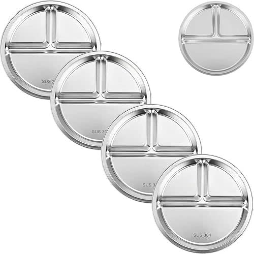 PandaEar 4 Pack Stainless Steel Divided Plates for Kids, 8.1” Portion Control Plates with 3 Compartments, Reusable Metal Dishes for Balanced Meals, Camping & Home Use (4, Silver)