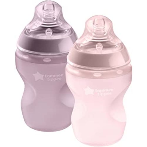 Tommee Tippee Closer to Nature Soft Feel Silicone Baby Bottle, Slow Flow Breast-Like Nipple, Anti Colic, Stain and Odor Resistant (9oz, 2 Count, Pink)