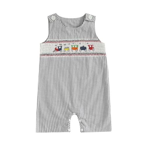 Newborn Baby Boys Sleeveless Seersucker Romper One Piece Straps Overalls Striped Jumpsuit Summer Smocked Clothes
