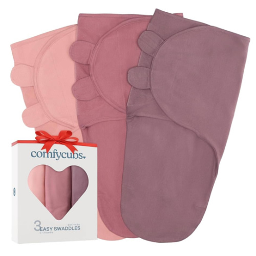 Comfy Cubs Easy Swaddle Blanket, 3 Pack - 100% Cotton Newborn Wrap, Small for 0-3 Months Infants, with Adjustable Velcro, Breathable and Durable Sleep Sack for Babies - Blush, Mauve & Mulberry