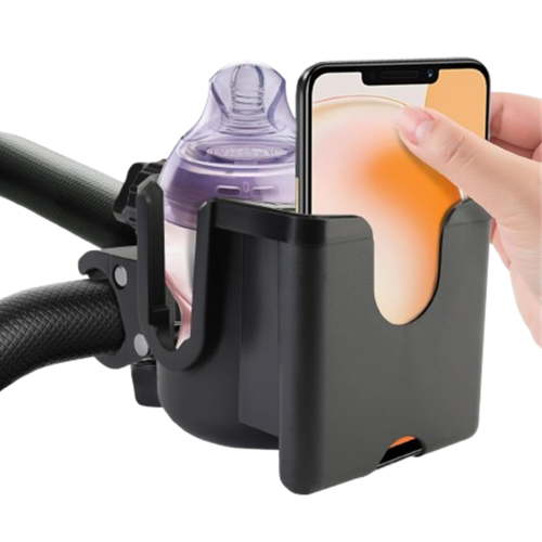 Bxaolu Universal Stroller Cup Holder with Phone Holder, Rotatable Bottle Holder with Strong Clip, 2-in-1 Cup Phone Holder for Stroller, Bike, Wheelchair, Walker, Scooter, Black