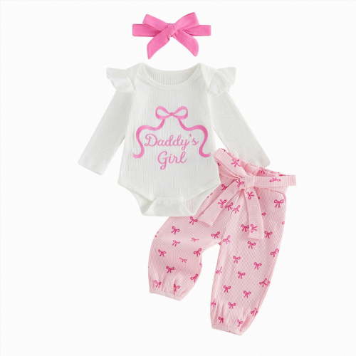 NOLDARES Newborn Baby Girl Clothes Set Includes Romper Pants Headband 3Pcs Long Sleeve Fall Winter Flare Outfits,White,0-3 M