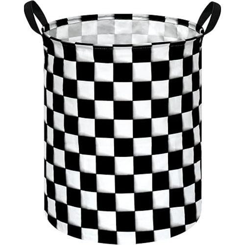KUNRO Round Black-white Checker Laundry Basket Hamper Kids Toys and Clothes Storage Basket Children Gift Basket Baby Toy Organizer Bins for Room Decor