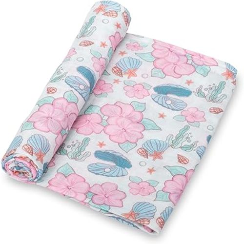 LollyBanks Baby Swaddle Blanket for Girls, 100% Cotton Soft and Breathable Muslin Swaddle Blanket 47 x 47 Inches, Lightweight Newborn Blankets, Baby Essentials Must Haves (Clams Flower Print)