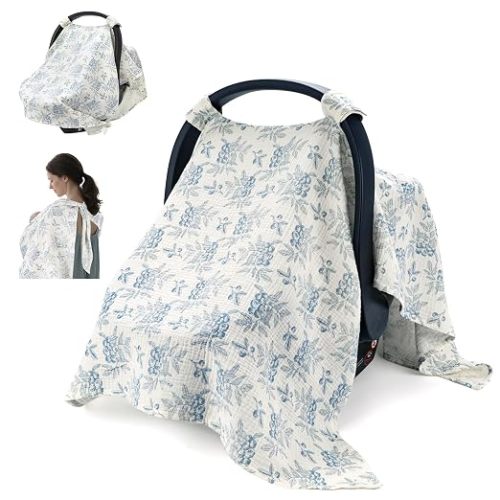 2-in-1 Muslin Baby Car Seat Cover & Nursing Cover, Soft Lightweight Breastfeeding Cover for Boys and Girls,Breathable Canopy for Infant Carseat & Stroller for Summer—Blueberrie