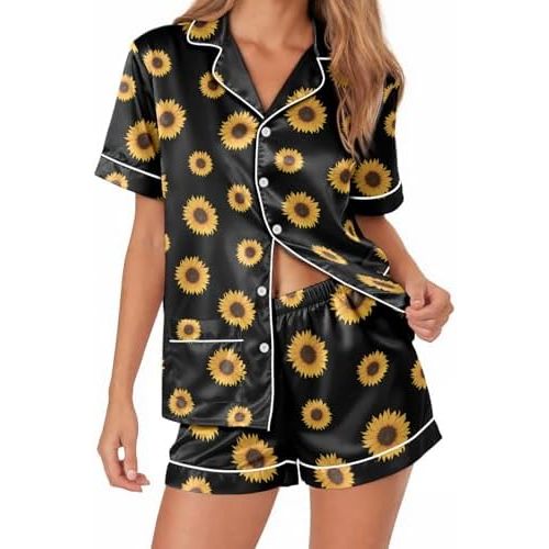 Womens Soft Silky Satin Pajamas Set, Button Down Cooling 2 Pcs Sleep Short Pajamas for Mom