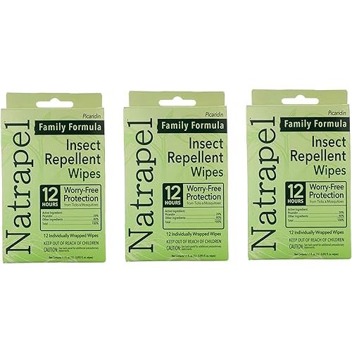 Natrapel Tick & Insect Repellent Wipes - Bug Spray with 20% Picaridin - Family Protection Against Mosquitoes, Ticks & More - Up to 12 Hours of Protection - 12 Wipes (3 Pack)