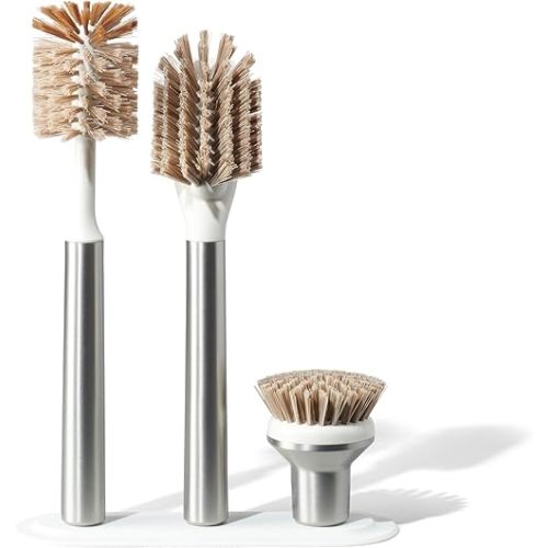 Curio Home Goods Ionic Brush Set, Magnetized to Stand Upright, Stainless Steel with Replaceable Heads, Silver