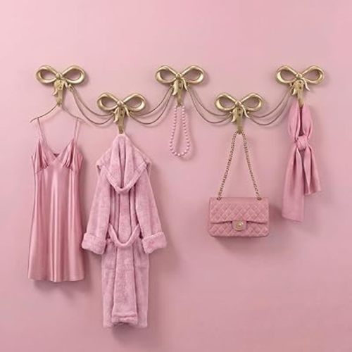 1 Set Gold Bows Wall Hooks Bow Knot Hooks for Nursery Bedroom Bathroom Cute Wall Mounted Functional Decorative Coat Holder for Hats Bags Tie Bath Coats(5 Hook Style,Gold)