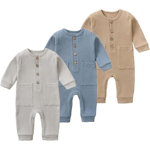 BeiVSlley Newborn Baby Boy Girl 2 Pack Button Solid Romper Infant Long sleeve Knit Cotton Footless Outfits Clothes