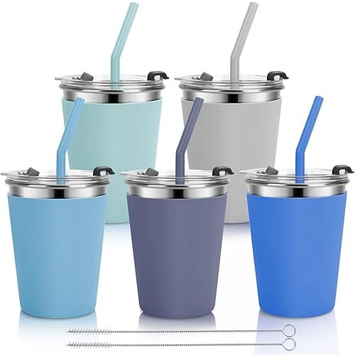 Kids Cups with Straws and Lids, 5 Pack 12oz Spill Proof Toddlers Straw Cup with Lid, Stainless Steel Kid Cups with Lid for School, Outdoor, Multicolor