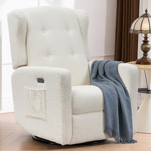 Swivel Rocker Power Recliner Chair for Nursery, 270° Swivel Glider Recliner with USB & Type-C Charging, Electric Reclining Chair with Storage Pockets, Upholstered Recliner for Living Room(Teddy Beige)