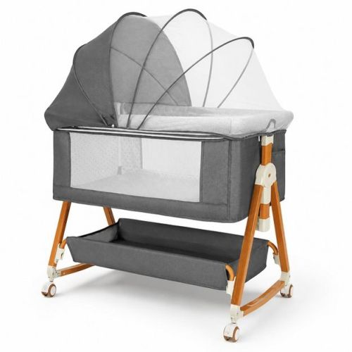 Kmaier Baby Bassinet Foldable Portable Bedside Crib,Storage Basket Breathable Mesh,Grey