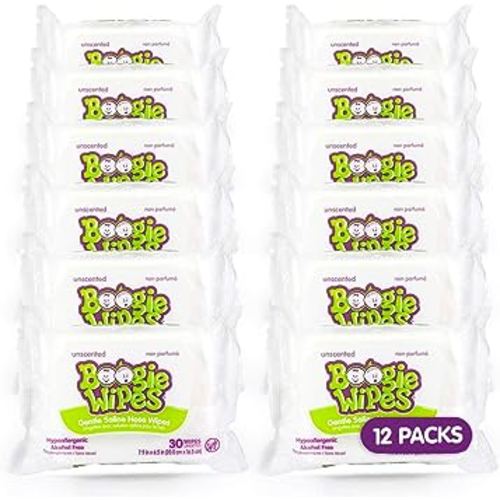 Hand, Face and Nose Wet Wipes for Kids and Baby, Boogie Wipes, Alcohol Free, Unscented, Wipes Away Dirt and Germs, Soft Natural Saline Tissue with Aloe, Chamomile and Vitamin E, 30 Count, Pack of 12