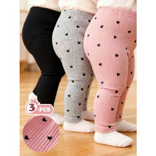 SHEIN Playful Pals 3pcs/Set Baby Girls' Pink And Grey Cute Knitted Corduroy Leggings Elastic Solid Color Pants Tights Bottoms Autumn Holiday Baby Girl Trousers All-Match